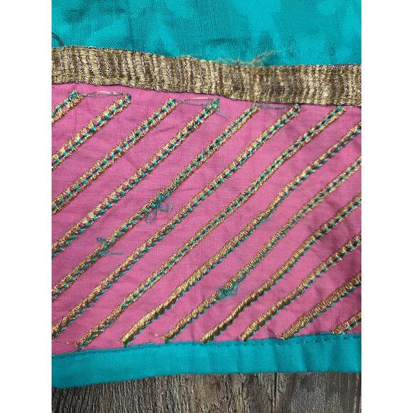 Muskan India Teal Aqua Pink Gold Short Sleeve V Neck Long Cotton Dress Small - Picture 2 of 7